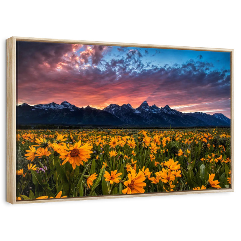 Grand Teton Wildflowers, Cadre flottant en bois naturel, 46 po x 31 po