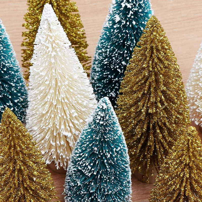12 mini sapins de Noël artificiels avec 8 petites guirlandes de Noël, arbres à brosse en bois, Vert