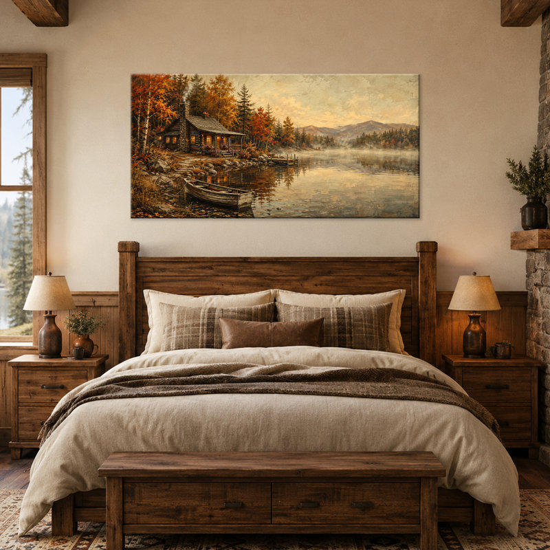 Tableau sur toile représentant un chalet au bord d'un lac, avec un quai au clair de lune et un paysage pittoresque. Parfait pour le salon, la chambre ou le bureau. Toile tendue sur châssis, prête à accrocher, 40 x 81 cm.