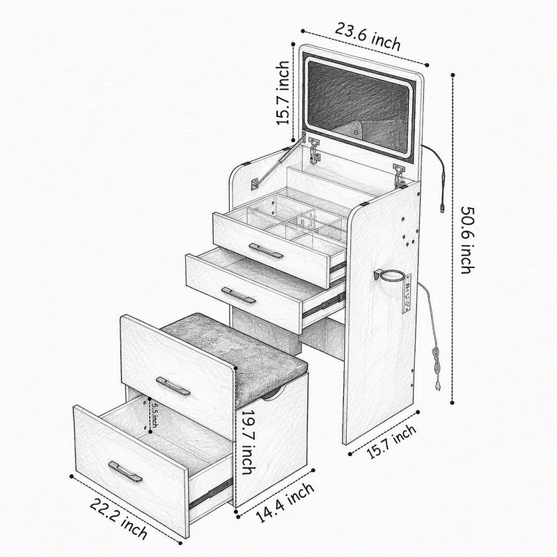 Meuble-lavabo 3 en 1 avec prise de courant et miroir DEL, coiffeuse rabattable de 23,6 po avec station de charge, 3 tiroirs, plateau en verre et tabouret rembourré pour la chambre à coucher