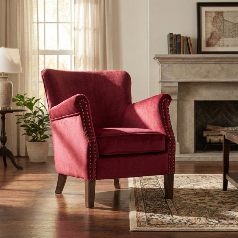 Velour Upholstered Armchair, Bordeaux