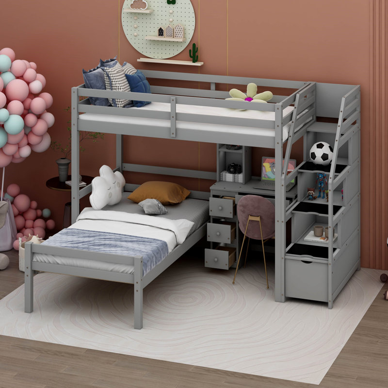 Lit mezzanine simple avec tiroirs Pervin Kids, Gris