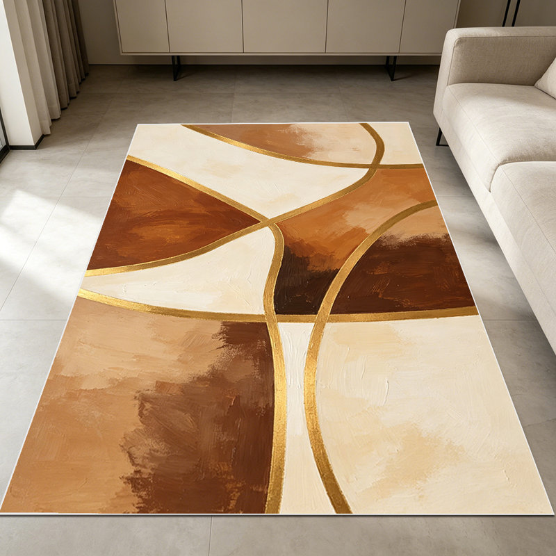 1PC Abstract Geometric Brown Beige Gold Line Art Style area rugs for Living Room, Soft and Comfortable, Suitable for all seasons, easy-to-maintain, machine washable Indoor floor mat, Under Table Farmhouse suitable for dining table, coffee table,