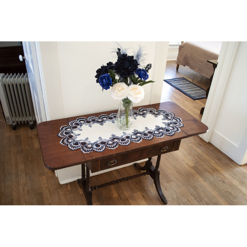 Folger Antique European Navy Blue White Lace Runner, 35" x 16"