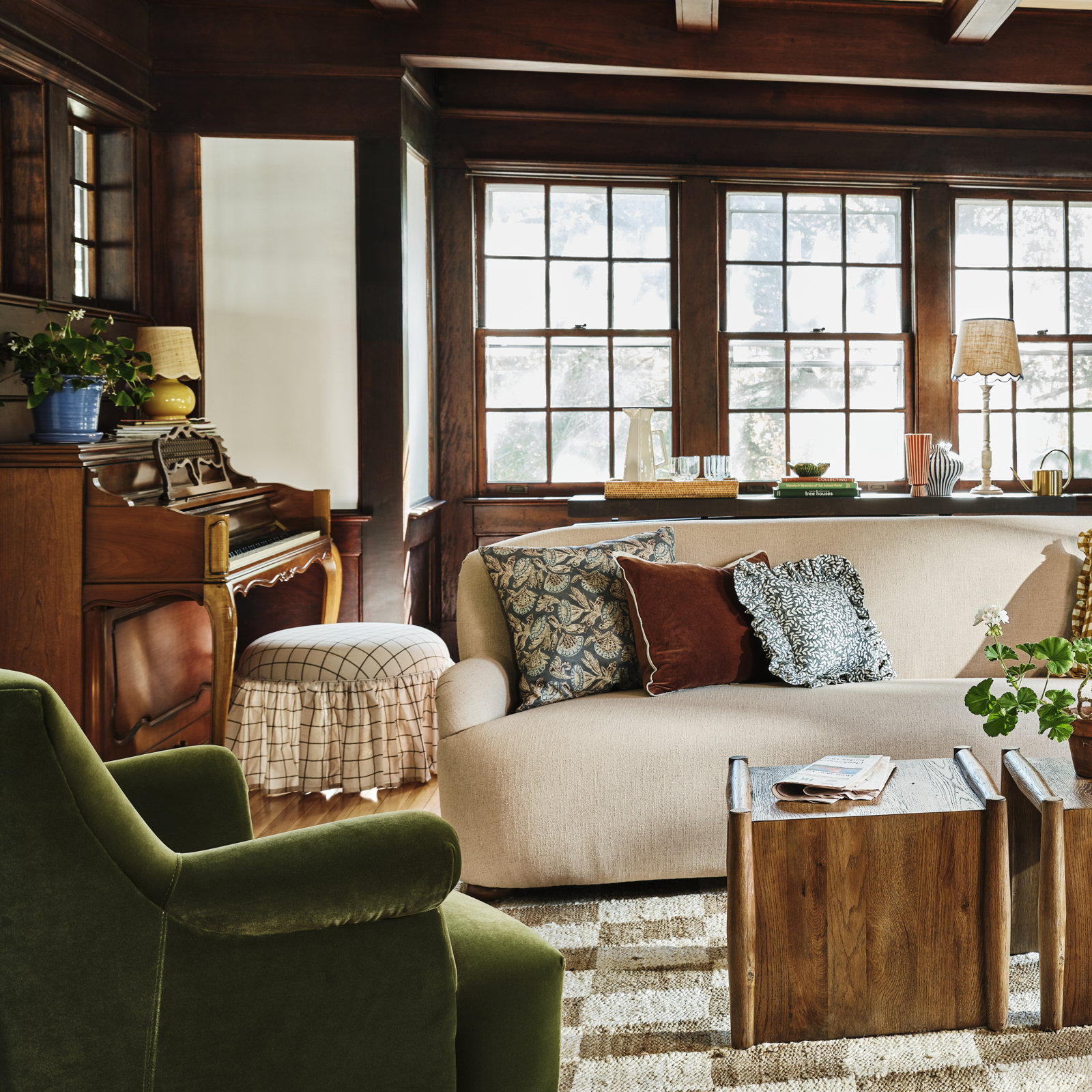 Jebb Upholstered Ottoman, Line Tattersall Green