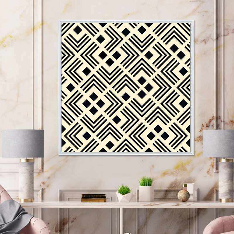 Labyrinthe géométrique noir et jaune - Impression sur toile, H 36 po x l 36 po, Cadre flottant blanc