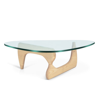 Triangle Glass Coffee Table with Wooden Base Clear Glass Top Mid-Century Abstract Glass Table