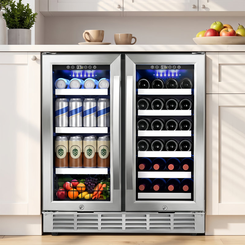 30" Wine and Beverage Refrigerator 33 Bottle & 130 Cans Built-in Wine Cooler with Four Handle Dual Zone
