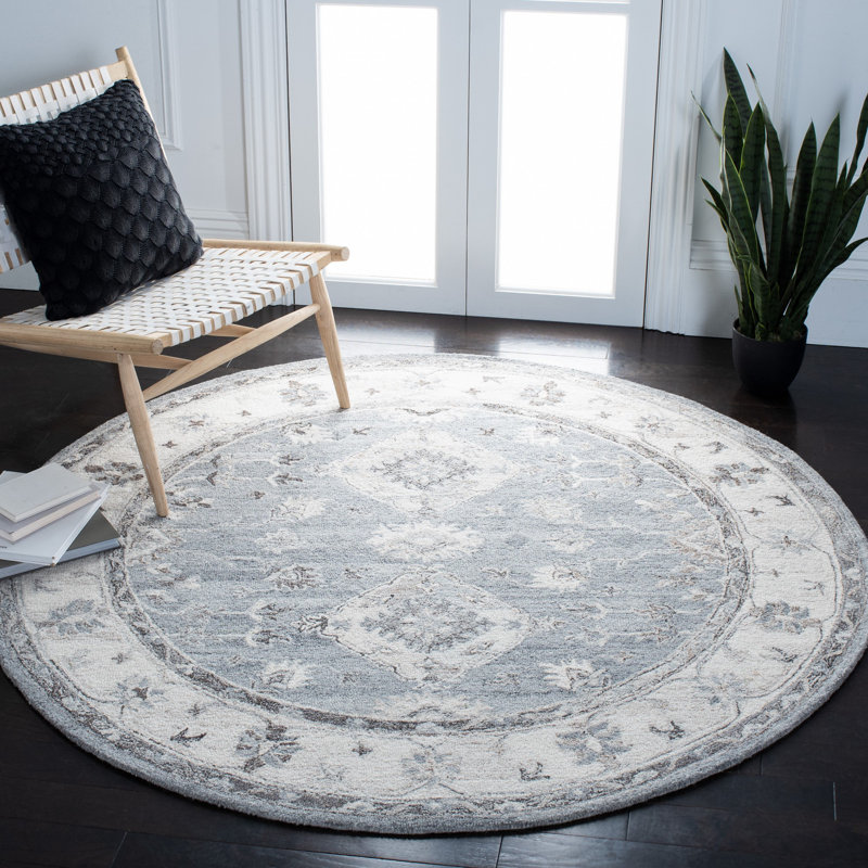 Tapis gris / ivoire en laine touffeté à la main Routh, Rond 6 pi