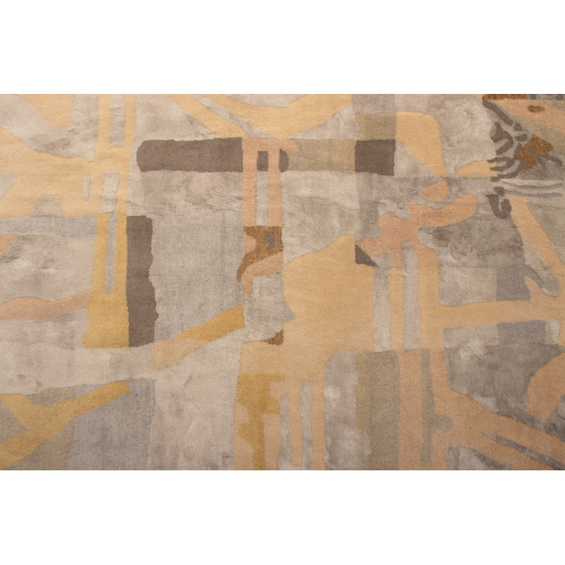 Mid Century Modern Hand Knotted Geometric Area Rug, Rectangle 10' x 14'
