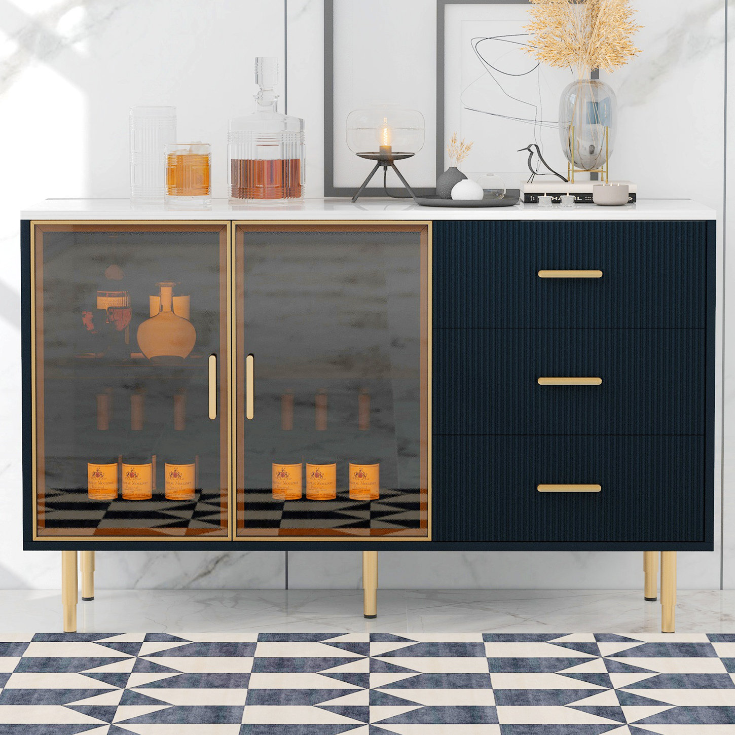 Mercer41 Modern Sideboard, Buffet Cabinet With Tempered Glass 