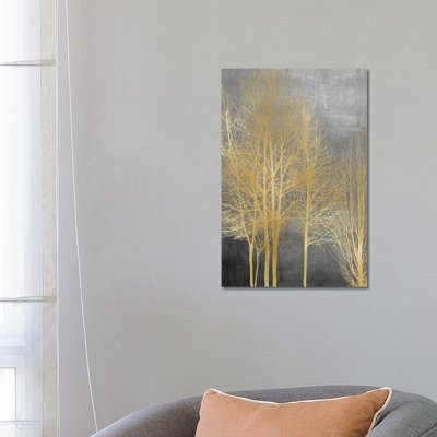 Gold Trees On Grey Panel I by Kate Bennett - Wrapped Canvas Painting