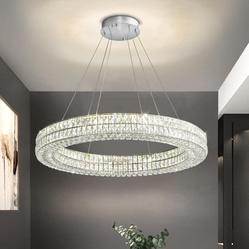Lustre en cristal moderne à DEL avec anneaux de cristal à intensité variable avec cristaux K9 pour salle à manger, salon, chambre à coucher