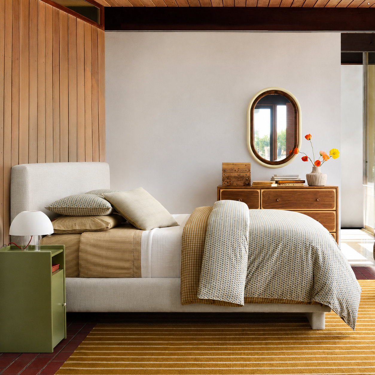 Nordic Upholstered Wingback Bed, White Linen, King