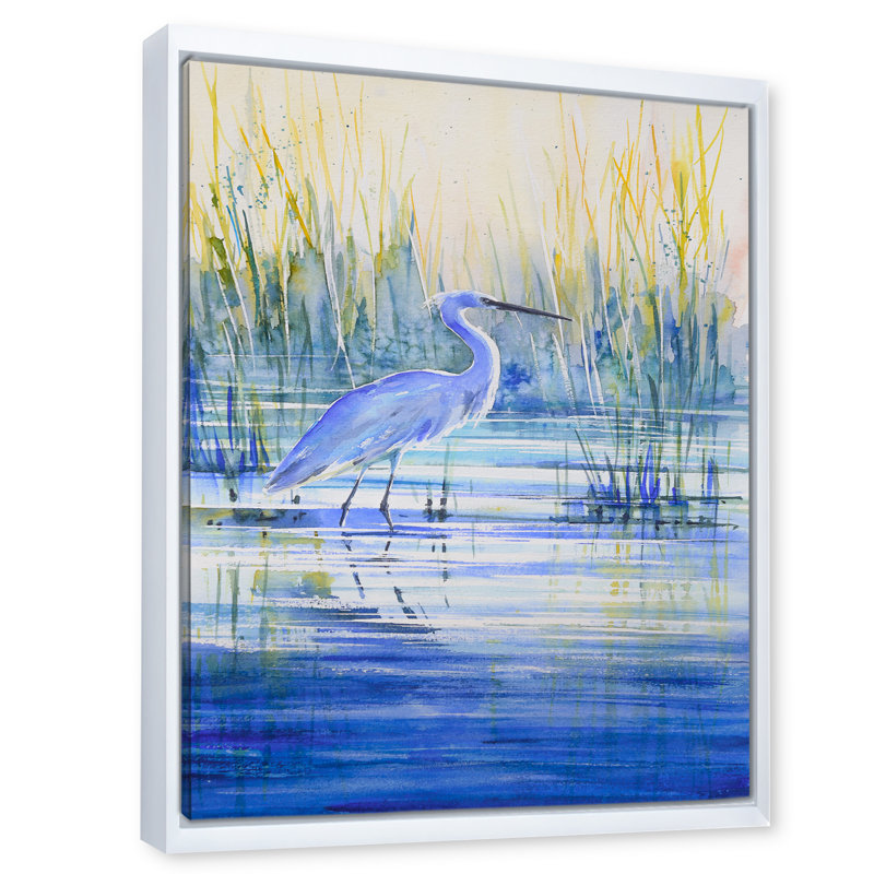 «Blue Heron on the Lake Shore at Sunset», peinture sur toile, H 40 po x l 30 po x 1,5 po, Cadre flottant blanc