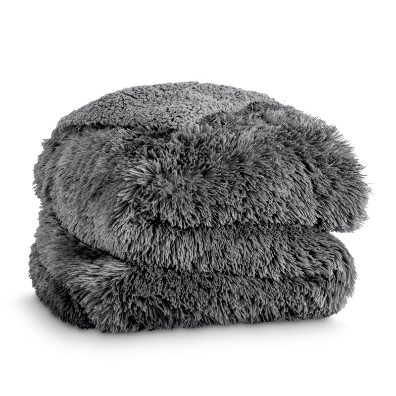 Couverture en sherpa à poils longs, Gris, Double/Grand
