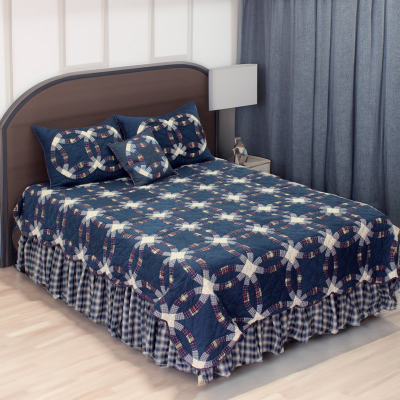 Blue Double Wedding Ring Traditional Cotton Geometric Shapes Quilt, Twin