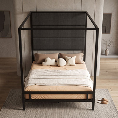 Metal Canopy Bed with Upholstered Headboard