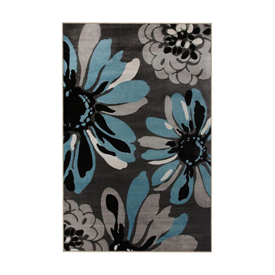 Black Themed Floral Patterned Modern Decorative Rug
