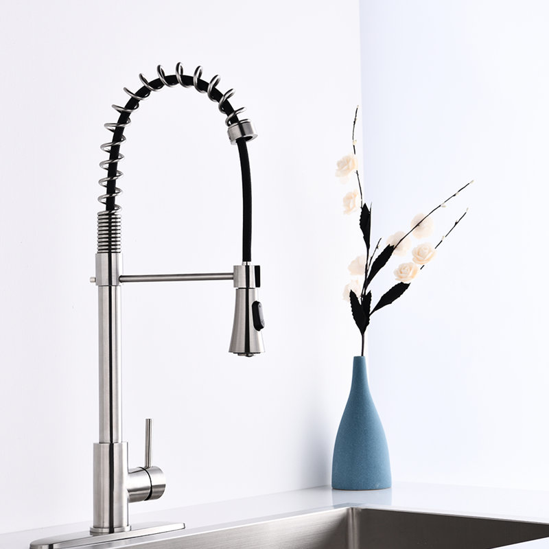 Commercial Style Kitchen Faucet In Brushed Nickel - Single Handle Spring High Arc, Pull Down , Finish To Corrosion And
