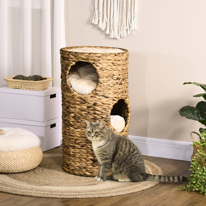 Lit pour chat surélevé multi-couches avec trois coussins secret et quatre coussins confortables - Tour chaton tissée à la main pour un repos reposant