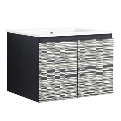 Meuble-lavabo avec lavabo et porte en céramique. Fixé au mur 24 po. Contemporain. Contreplaqué. Noir Augmente le rangement et la modernité. Améliore l'élégance