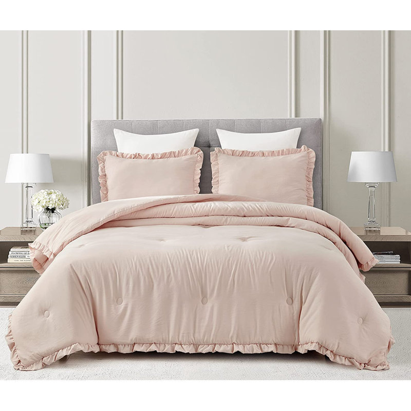 Nora Washed Microfiber Ruffled Comforter Set, King Comforter + 2 King Shams, Emerald