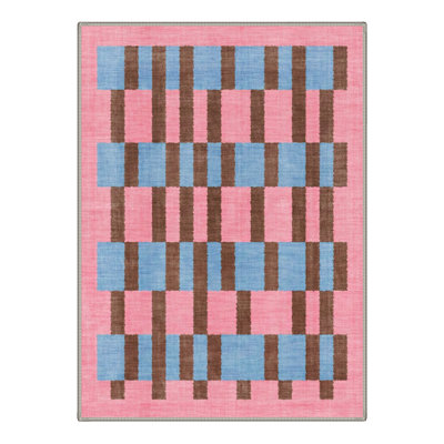 Bungalow Rose Retro Geometric Plaid Area Rug - Danish Pastel Pink Blue Mid-Century Checkered Living Room Carpet, Soft Bedroom Rug