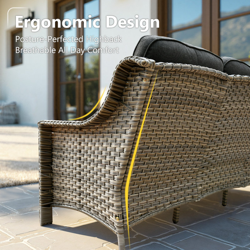3 - Person All Weather Patio Furniture Sofa , Outdoor Wicker Rattan High Back Sofa With Cushions, Black