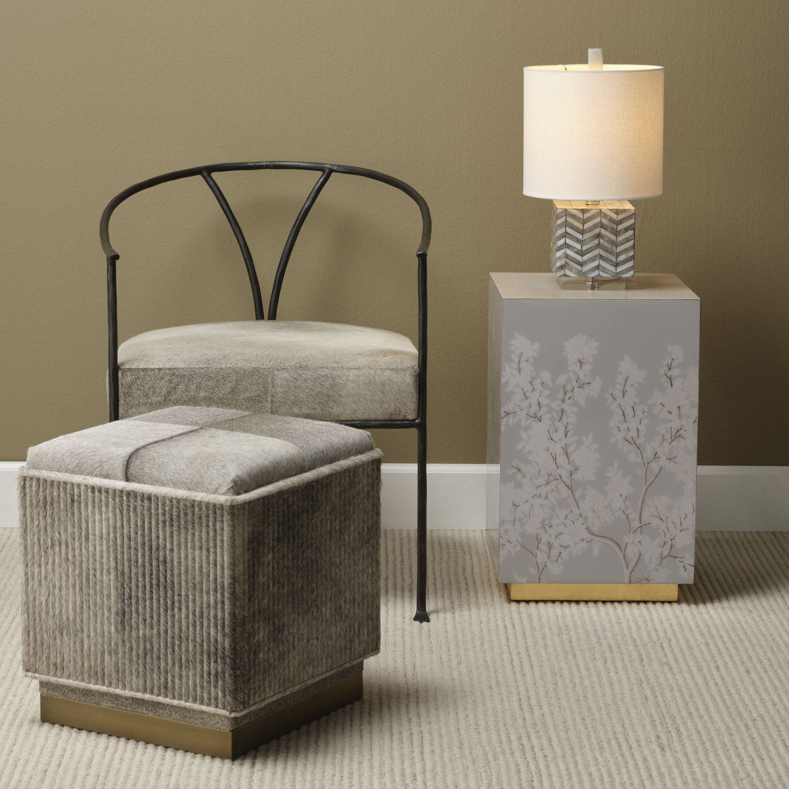 Garbo Mother of Pearl Table Lamp with Linen Shade, White/Gray, Beige