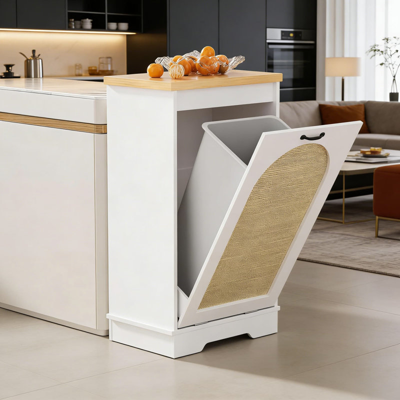 Armoire à poubelle inclinable avec porte en rotin et fonction désodorisante, armoire de cuisine dissimulée de 13 gallons pour la cuisine, la salle de lavage ou la salle à manger