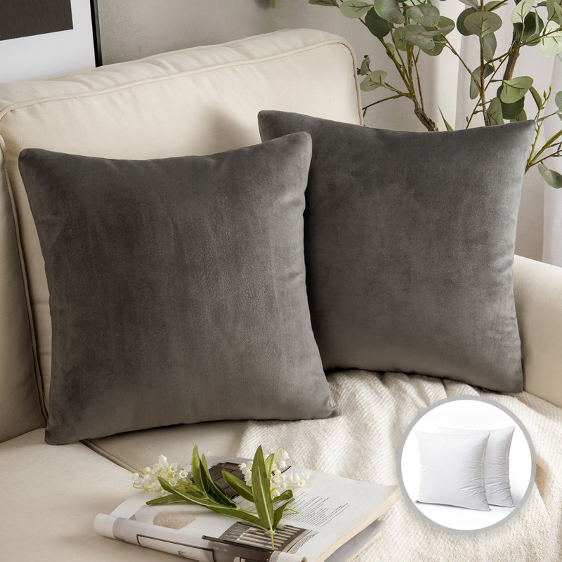 Coussins décoratifs en velours, coussin décoratif uni, Carré 22 po, Mauve clair, Polyester-SV