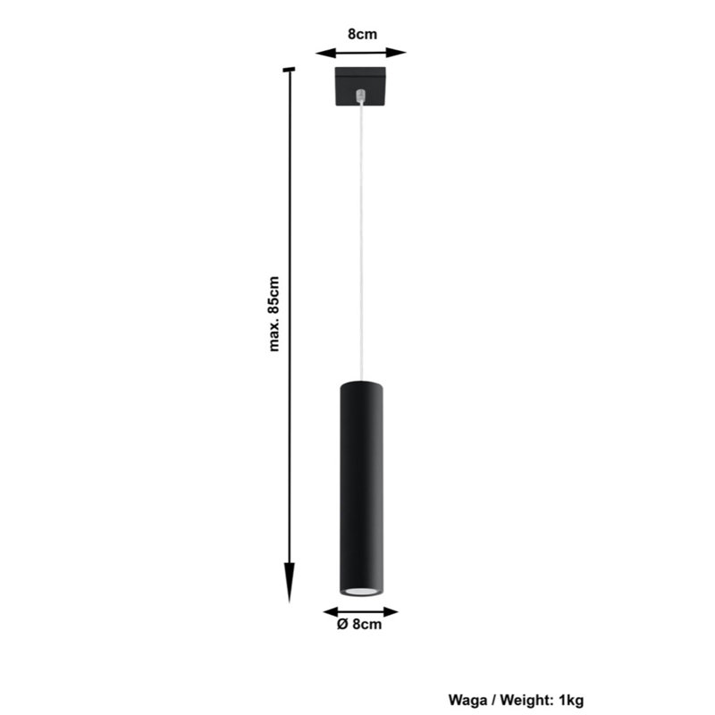 Jacky 1 - Light Black Cylinder Pendant, Black, 85cm x 8cm