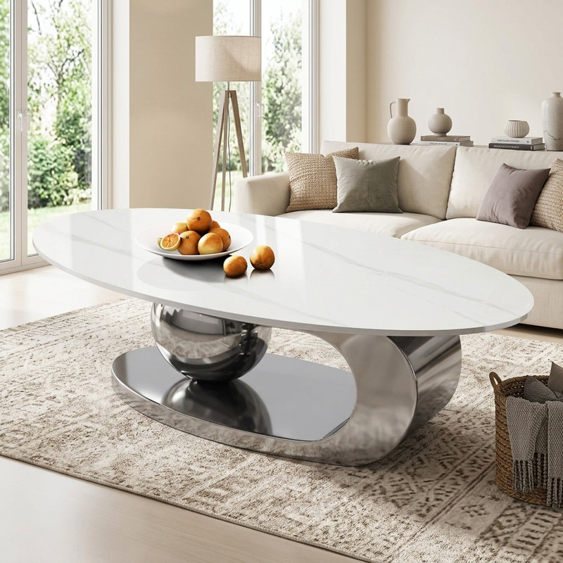 Table basse ovale moderne 49,2 po avec plateau en pierre frittée et base en acier inoxydable