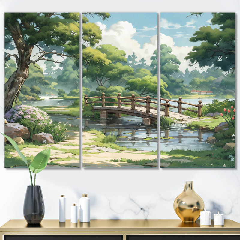 Paysage japonais du soleil levant I 3 pièces, H 32 po x l 48 po x P 1 po