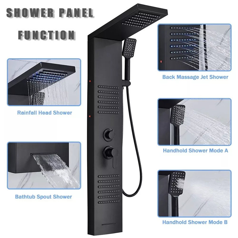 Système de douche à panneau de douche à DEL noir