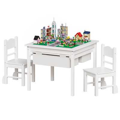 Table de jeu de construction 4 en 1 pour enfants, bureau d'activités en bois pour tout-petits, table de jeu de construction avec tableau noir et tiroir en tissu coulissant, plateau réversible pour jouer aux briques, dessiner, lire et manger