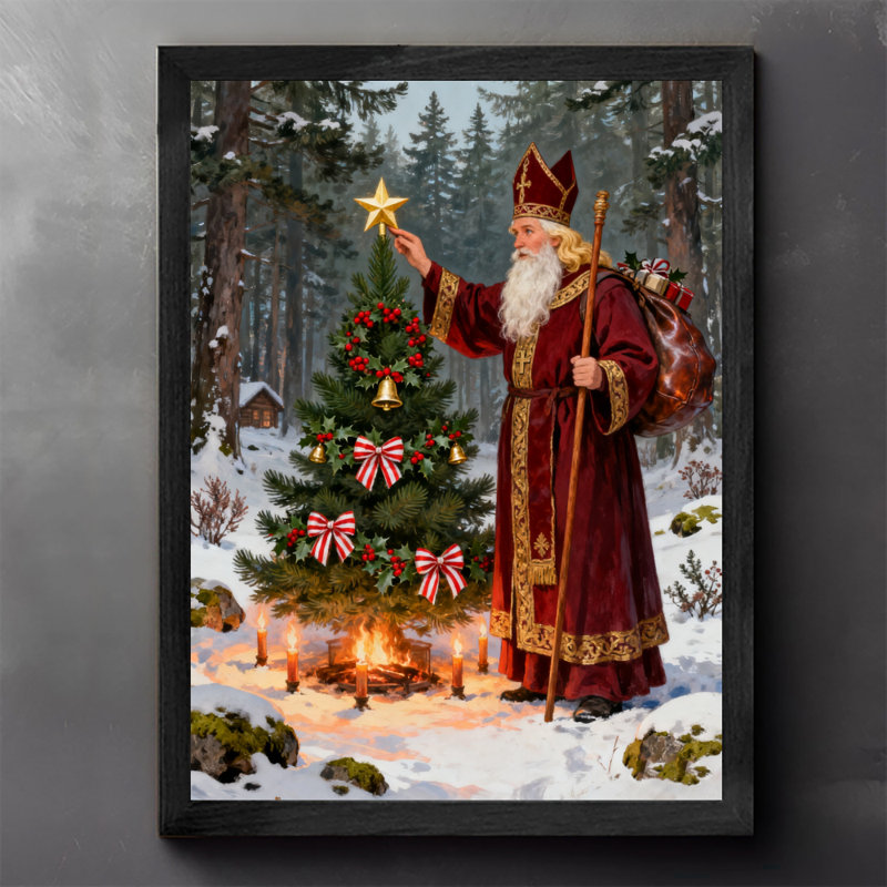 Art mural rétro noir avec père Noël et arbre de Noël, impressions de style rétro, H 25 po x l 17 po