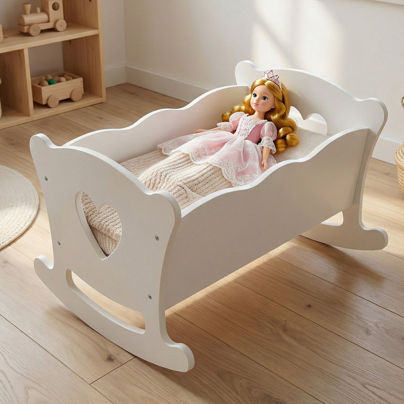 Wooden Play Doll Cradle Rocking Baby Doll Crib With Pink Bedding Set For Dolls Up To 20 Inches