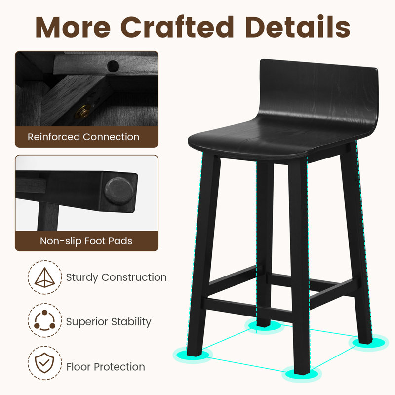 Ensemble de 4 tabourets de bar en bois massif Wildon Home® de 24,5 po avec dossier bas et repose-pieds, Noir