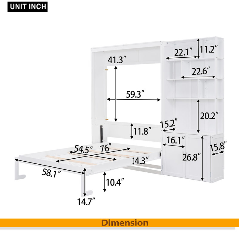 Lit escamotable double avec plusieurs tablettes de rangement et une armoire