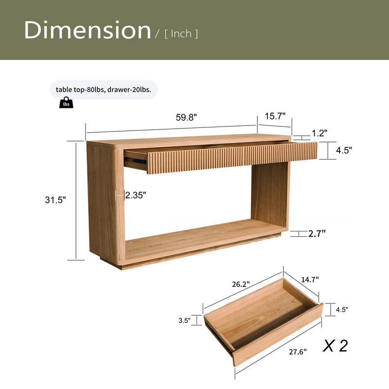 Console cannelée 60 po à 2 tiroirs de 60 po pour salon, couloir, vestibule, bureau à domicile, Bois naturel