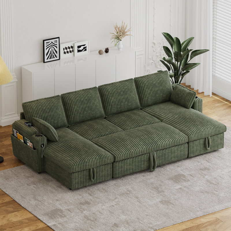 Canapé modulaire en U de 104 po en velours côtelé avec chaises de rangement et lit escamotable, Velours côtelé vert