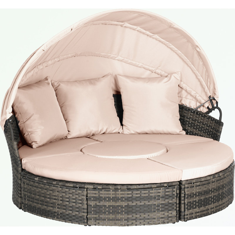 Outdoor Patio Round Daybed with Retractable Canopy and Storable Table, Beige