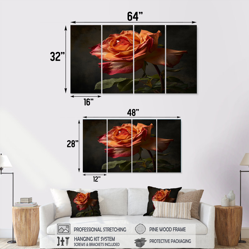 «Red Orange Rose», ensemble d'art mural 4 pièces, H 28 po x l 48 po