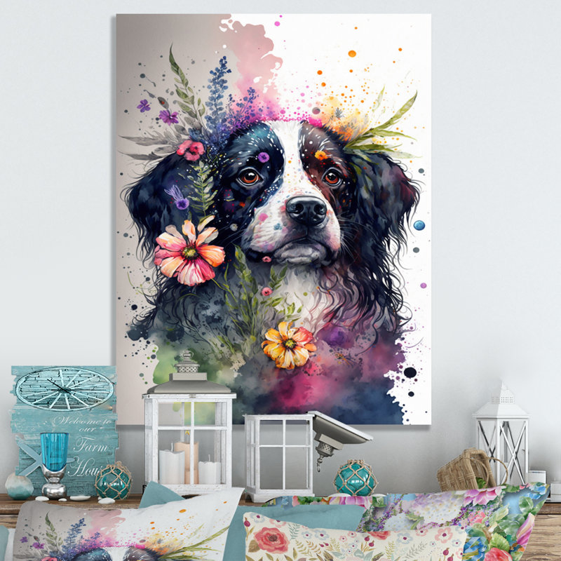 «Cute Dog FloralI», impression sur toile, H 32 po x l 16 po x P 1 po, Toile tendue