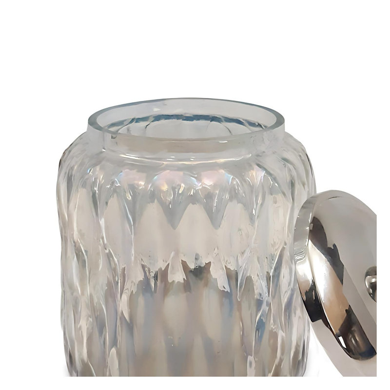 Pot de rangement en verre gravé à l'eau-forte avec fini lustré arc-en-ciel et couvercle en métal, l 3,75 po x H 5,25 po