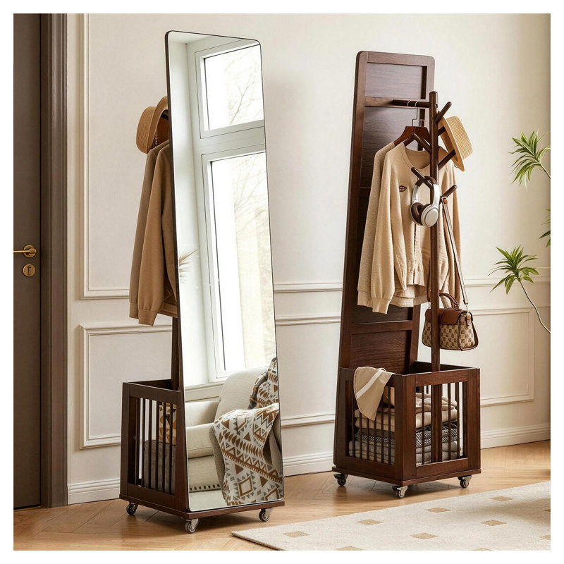 Solid Wood Rolling Coat Rack with Storage Basket and Full-Length Mirror, Freestanding Mobile Garment Stand with Lockable Wheels, Mid-Century Modern Entryway Organizer in Walnut Finish