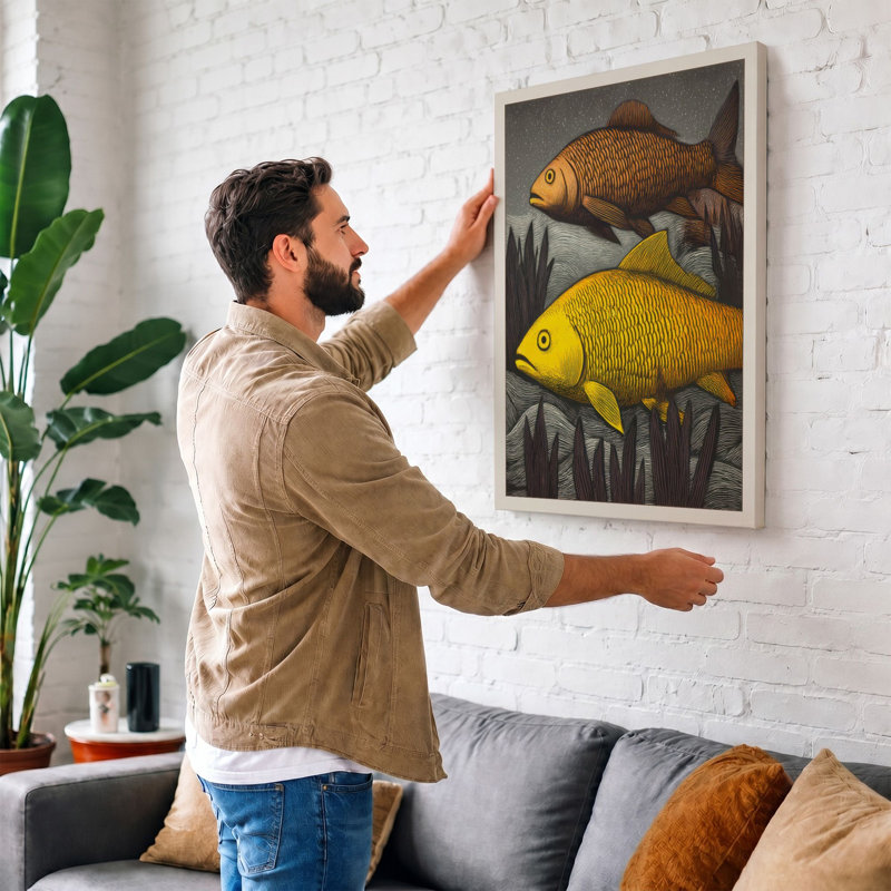 Two Fish In Study Botanical - Print, 30x20 - 76.2 x 50.8 cm, Black Border