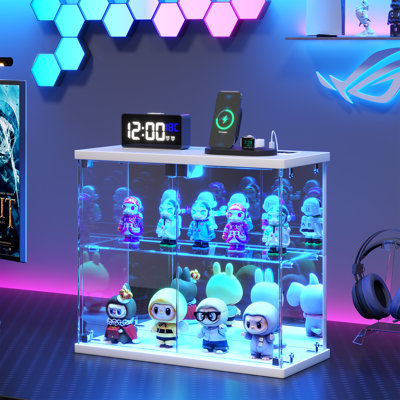 2-Tier Mini Display Cabinet with LED Lights, Charging Station